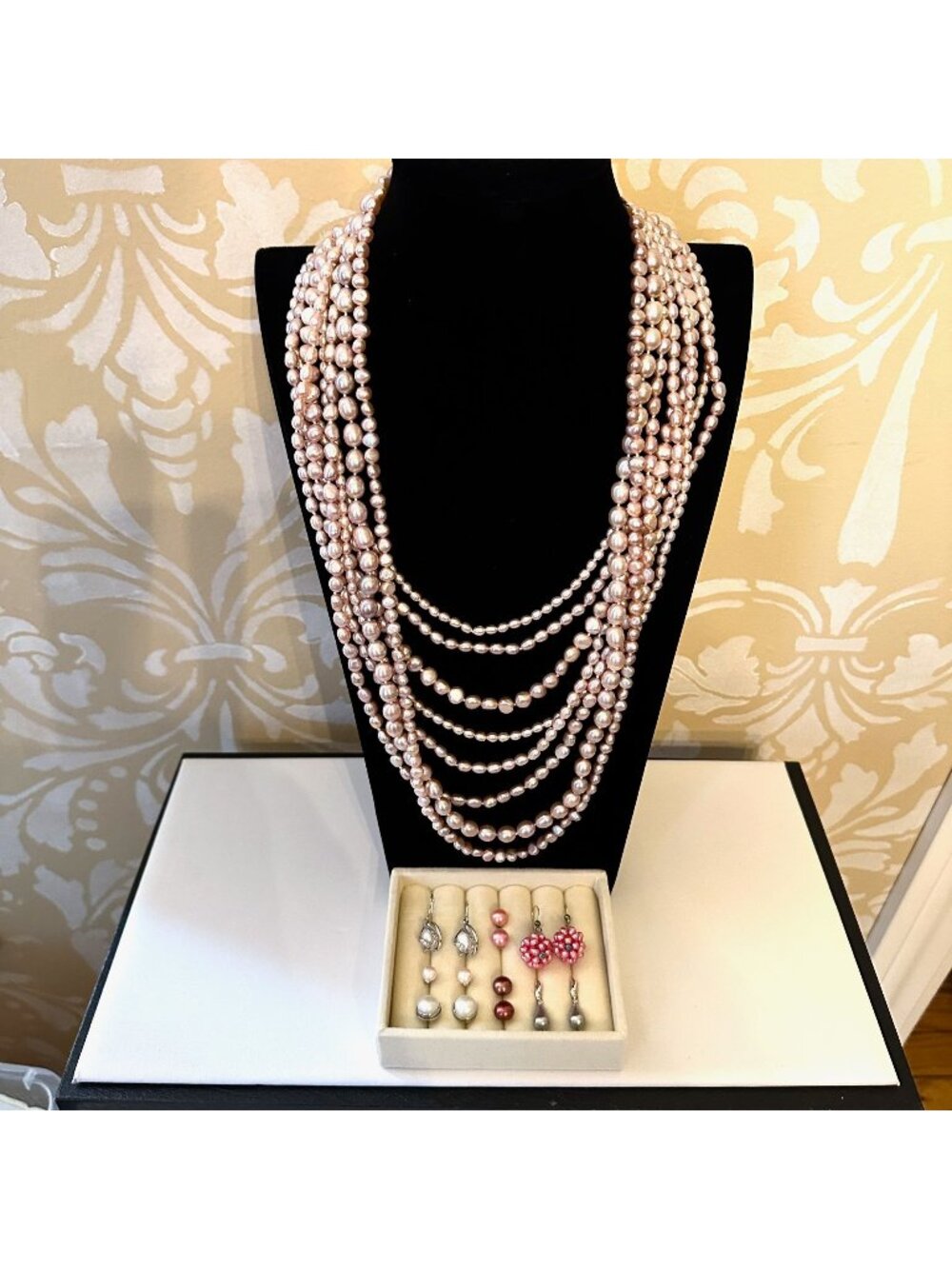 Pink Pearl Necklace Freshwater Multistrand Pierced Sterling Silver Earrings Lot